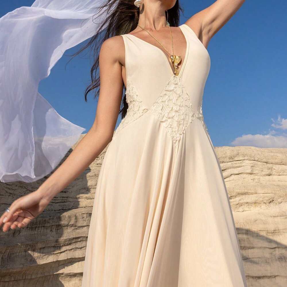 Apricot Elegant Women's Maxi Dress Deep V-Neck Mesh Patchwork Backless A-Line - Picture 4 of 6